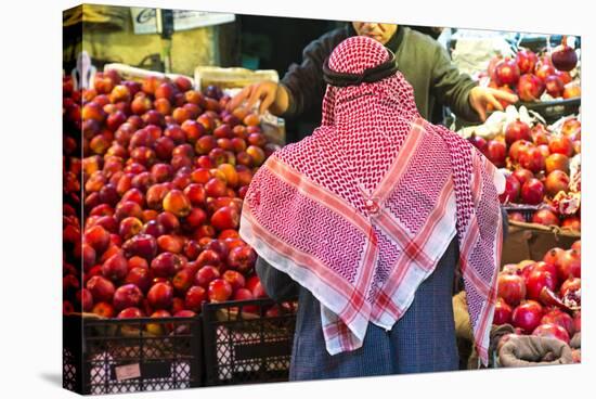 Arab Man Waerinf Keffiyeh Buying Apples in Market, Amman, Jordan-Peter Adams-Stretched Canvas