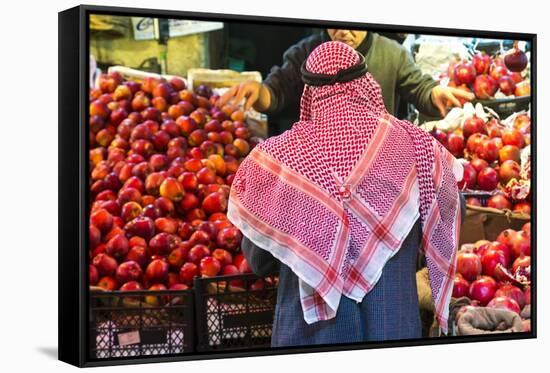 Arab Man Waerinf Keffiyeh Buying Apples in Market, Amman, Jordan-Peter Adams-Framed Stretched Canvas