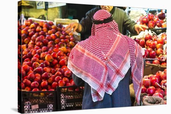 Arab Man Waerinf Keffiyeh Buying Apples in Market, Amman, Jordan-Peter Adams-Stretched Canvas