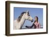 Arabian Horse and Lady Rider Dismounted at Edge of Surf, Northern California, USA-Lynn M^ Stone-Framed Photographic Print