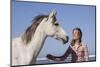 Arabian Horse and Lady Rider Dismounted at Edge of Surf, Northern California, USA-Lynn M^ Stone-Mounted Photographic Print