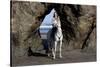 Arabian Horse and Lady Rider (Elicia) by Rock Archway at Edge of Surf, Northern California-Lynn M^ Stone-Stretched Canvas