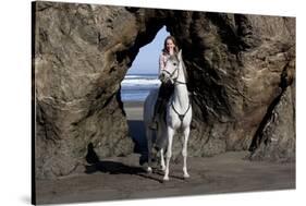 Arabian Horse and Lady Rider (Elicia) by Rock Archway at Edge of Surf, Northern California-Lynn M^ Stone-Stretched Canvas