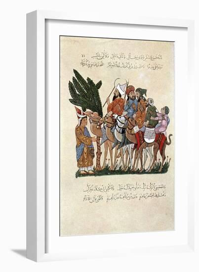 Arabian Travellers on Camels, Being Greeted at the End of their Journey-null-Framed Giclee Print
