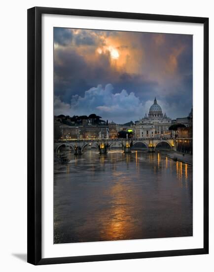 Arch Bridge across Tiber River with St. Peter's Basilica in the Background, Rome, Lazio, Italy-null-Framed Premium Photographic Print