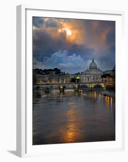 Arch Bridge across Tiber River with St. Peter's Basilica in the Background, Rome, Lazio, Italy-null-Framed Premium Photographic Print