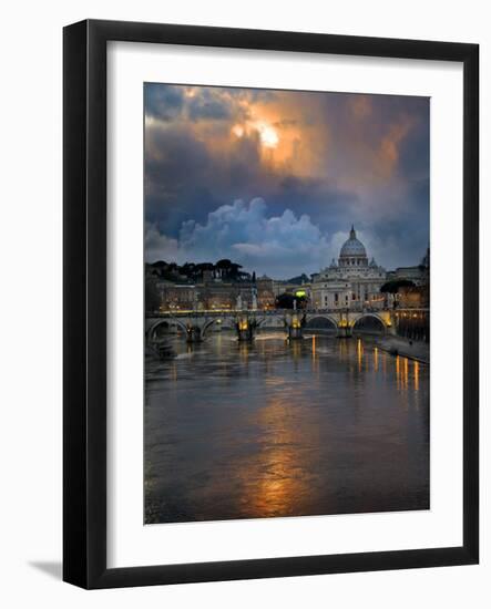 Arch Bridge across Tiber River with St. Peter's Basilica in the Background, Rome, Lazio, Italy-null-Framed Photographic Print