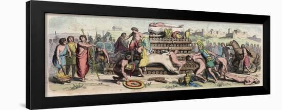 Archaic period in Greece : cremation of a hero with animal and human sacrifice,-Heinrich Leutemann-Framed Giclee Print