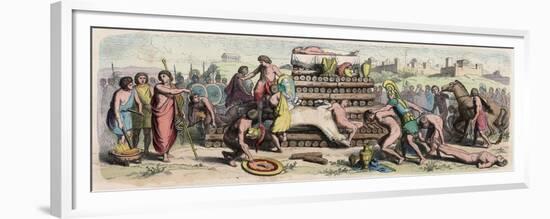 Archaic period in Greece : cremation of a hero with animal and human sacrifice,-Heinrich Leutemann-Framed Premium Giclee Print