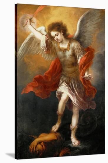 Archangel Michael hurls the devil into the abyss. Around 1665/68-Bartolome Esteban Murillo-Stretched Canvas