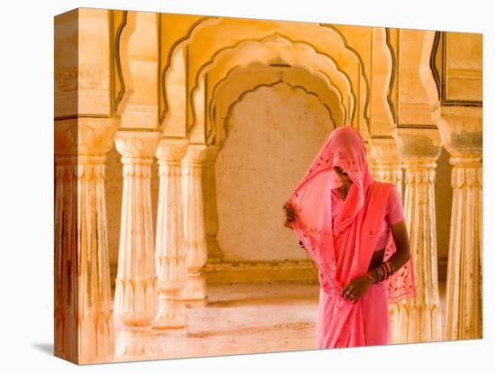 Arches with Hindu Woman at Amber Fort Temple, Rajasthan, Jaipur, India-Bill Bachmann-Stretched Canvas