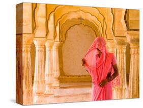 Arches with Hindu Woman at Amber Fort Temple, Rajasthan, Jaipur, India-Bill Bachmann-Stretched Canvas