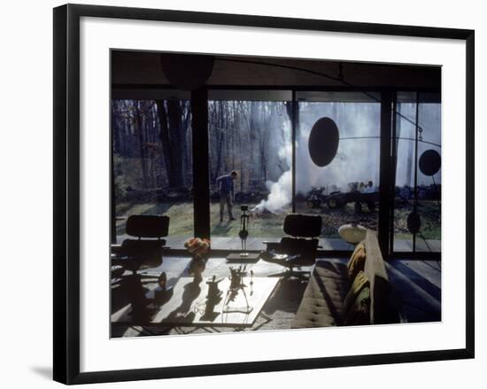Architect Eliot Noyes Burning Leaves in Yard of Home He Designed Himself-null-Framed Premium Photographic Print