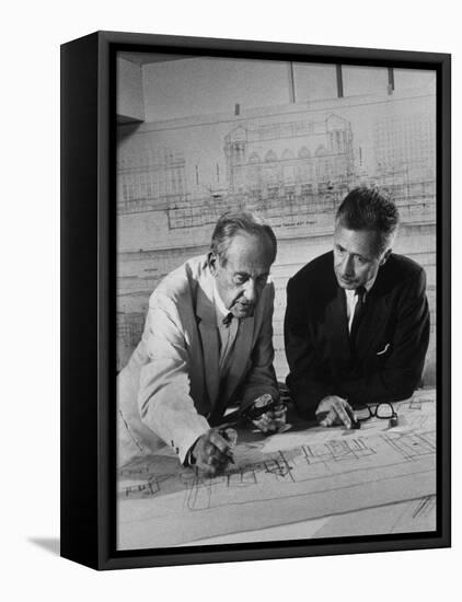 Architect Pietro Belluschi and Walter Gropius Looking over Some Blue Prints-Carl Mydans-Framed Stretched Canvas