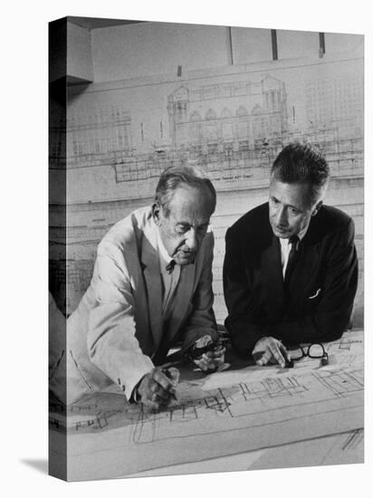 Architect Pietro Belluschi and Walter Gropius Looking over Some Blue Prints-Carl Mydans-Stretched Canvas