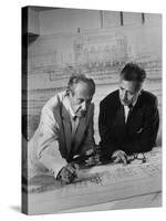 Architect Pietro Belluschi and Walter Gropius Looking over Some Blue Prints-Carl Mydans-Stretched Canvas