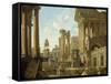 Architectural Capriccio with Ruins, Equestrian Statue of Marcus Aurelius and Figures by a Pool-Giovanni Paolo Pannini-Framed Stretched Canvas