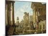 Architectural Capriccio with Ruins, Equestrian Statue of Marcus Aurelius and Figures by a Pool-Giovanni Paolo Pannini-Mounted Giclee Print