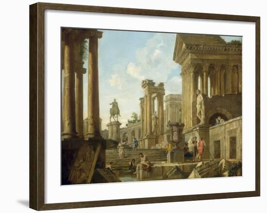 Architectural Capriccio with Ruins, Equestrian Statue of Marcus Aurelius and Figures by a Pool-Giovanni Paolo Pannini-Framed Giclee Print