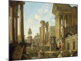 Architectural Capriccio with Ruins, Equestrian Statue of Marcus Aurelius and Figures by a Pool-Giovanni Paolo Pannini-Mounted Giclee Print