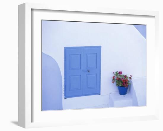 Architectural Detail of Blue and White House, with Pot of Geraniums, Oia (Ia), Aegean Sea, Greece-Sergio Pitamitz-Framed Photographic Print