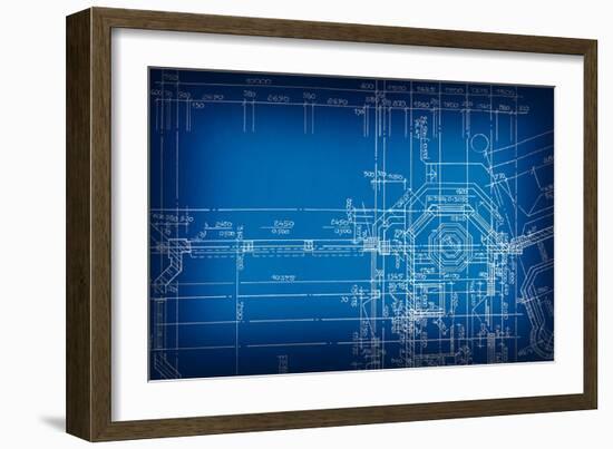 Architectural Drawing, Made by Hand on a Blue Background-molodec-Framed Art Print