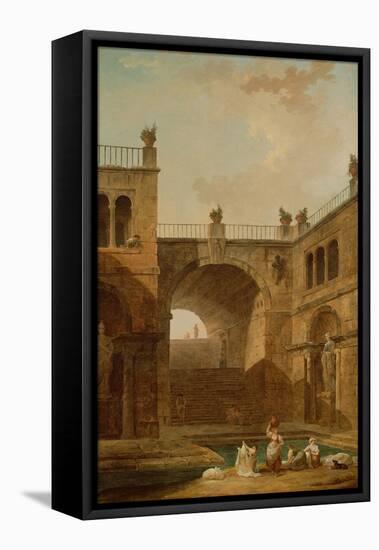 Architectural Scene with Women Washing Clothes at a Pool, 1798-Hubert Robert-Framed Stretched Canvas