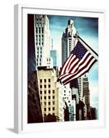 Architecture and Buildings, Skyscrapers View, American Flag, Midtown Manhattan, NYC, Vintage Colors-Philippe Hugonnard-Framed Premium Photographic Print