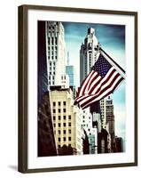 Architecture and Buildings, Skyscrapers View, American Flag, Midtown Manhattan, NYC, Vintage Colors-Philippe Hugonnard-Framed Premium Photographic Print