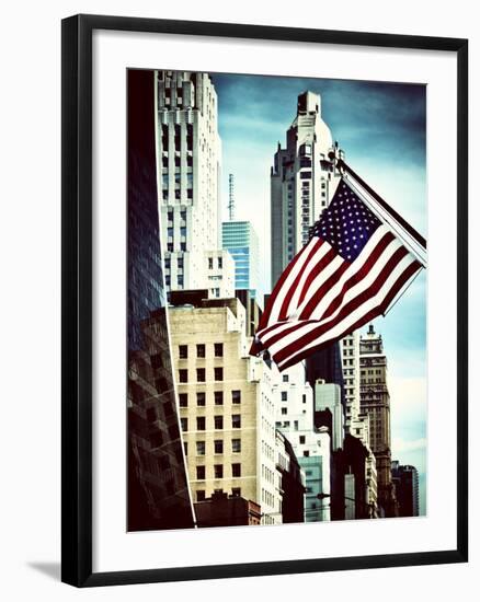 Architecture and Buildings, Skyscrapers View, American Flag, Midtown Manhattan, NYC, Vintage Colors-Philippe Hugonnard-Framed Premium Photographic Print