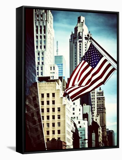 Architecture and Buildings, Skyscrapers View, American Flag, Midtown Manhattan, NYC, Vintage Colors-Philippe Hugonnard-Framed Stretched Canvas