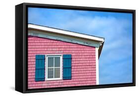 Architecture Detail of a Pink House with Blue Shuttered Window against Blue Sky-pink candy-Framed Stretched Canvas