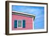 Architecture Detail of a Pink House with Blue Shuttered Window against Blue Sky-pink candy-Framed Photographic Print