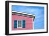 Architecture Detail of a Pink House with Blue Shuttered Window against Blue Sky-pink candy-Framed Photographic Print