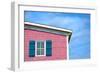 Architecture Detail of a Pink House with Blue Shuttered Window against Blue Sky-pink candy-Framed Photographic Print