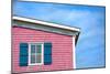 Architecture Detail of a Pink House with Blue Shuttered Window against Blue Sky-pink candy-Mounted Photographic Print