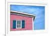 Architecture Detail of a Pink House with Blue Shuttered Window against Blue Sky-pink candy-Framed Photographic Print