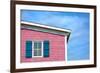 Architecture Detail of a Pink House with Blue Shuttered Window against Blue Sky-pink candy-Framed Photographic Print