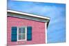 Architecture Detail of a Pink House with Blue Shuttered Window against Blue Sky-pink candy-Mounted Photographic Print