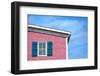 Architecture Detail of a Pink House with Blue Shuttered Window against Blue Sky-pink candy-Framed Photographic Print