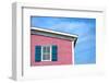 Architecture Detail of a Pink House with Blue Shuttered Window against Blue Sky-pink candy-Framed Photographic Print