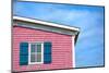 Architecture Detail of a Pink House with Blue Shuttered Window against Blue Sky-pink candy-Mounted Photographic Print