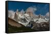 Argentina, Cerro Poincenot and Fitzroy mountains, snow on peaks contrasted with green lower slopes.-Howie Garber-Framed Stretched Canvas