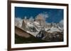 Argentina, Cerro Poincenot and Fitzroy mountains, snow on peaks contrasted with green lower slopes.-Howie Garber-Framed Photographic Print