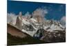 Argentina, Cerro Poincenot and Fitzroy mountains, snow on peaks contrasted with green lower slopes.-Howie Garber-Mounted Photographic Print