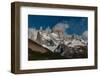 Argentina, Cerro Poincenot and Fitzroy mountains, snow on peaks contrasted with green lower slopes.-Howie Garber-Framed Photographic Print