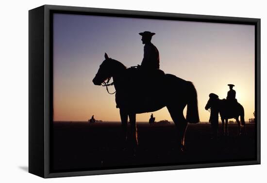 Argentina, Horsemen in Landscape, Silhouette, Sunset-Christopher Pillitz-Framed Stretched Canvas