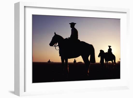 Argentina, Horsemen in Landscape, Silhouette, Sunset-Christopher Pillitz-Framed Photographic Print