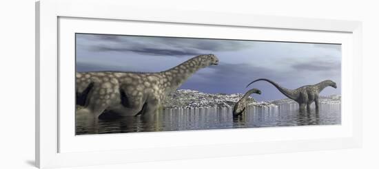 Argentinosaurus Dinosaur Family Walking in the Water-null-Framed Art Print