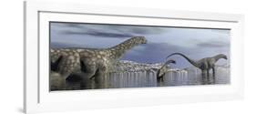 Argentinosaurus Dinosaur Family Walking in the Water-null-Framed Art Print